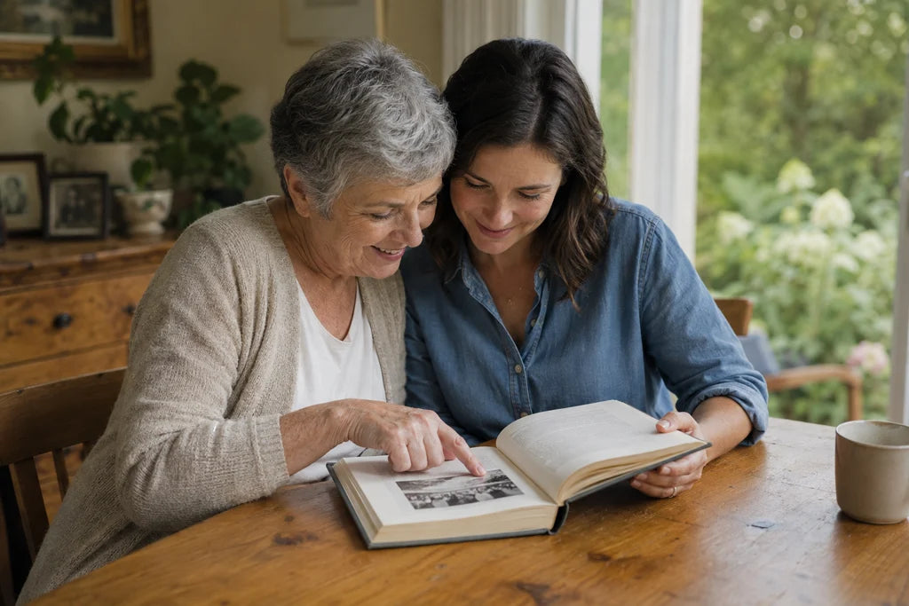 A mother and daughter reading a book together