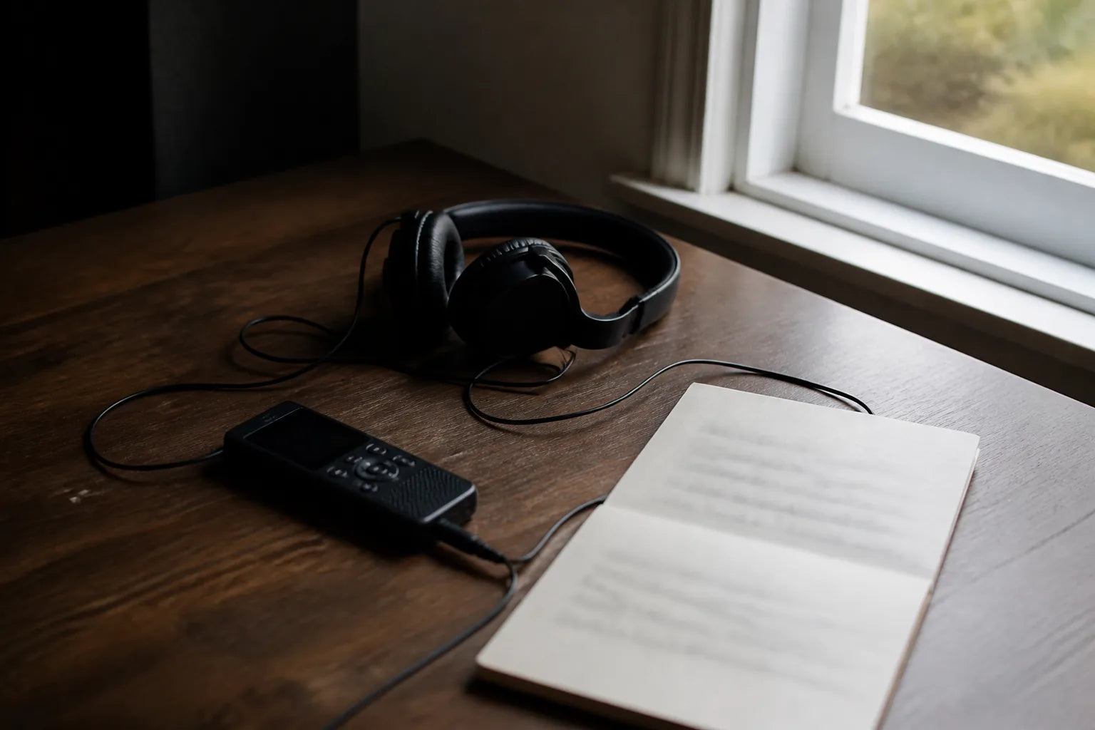 Headphones, a voice recorder and an open notebook on a wooden table by a window