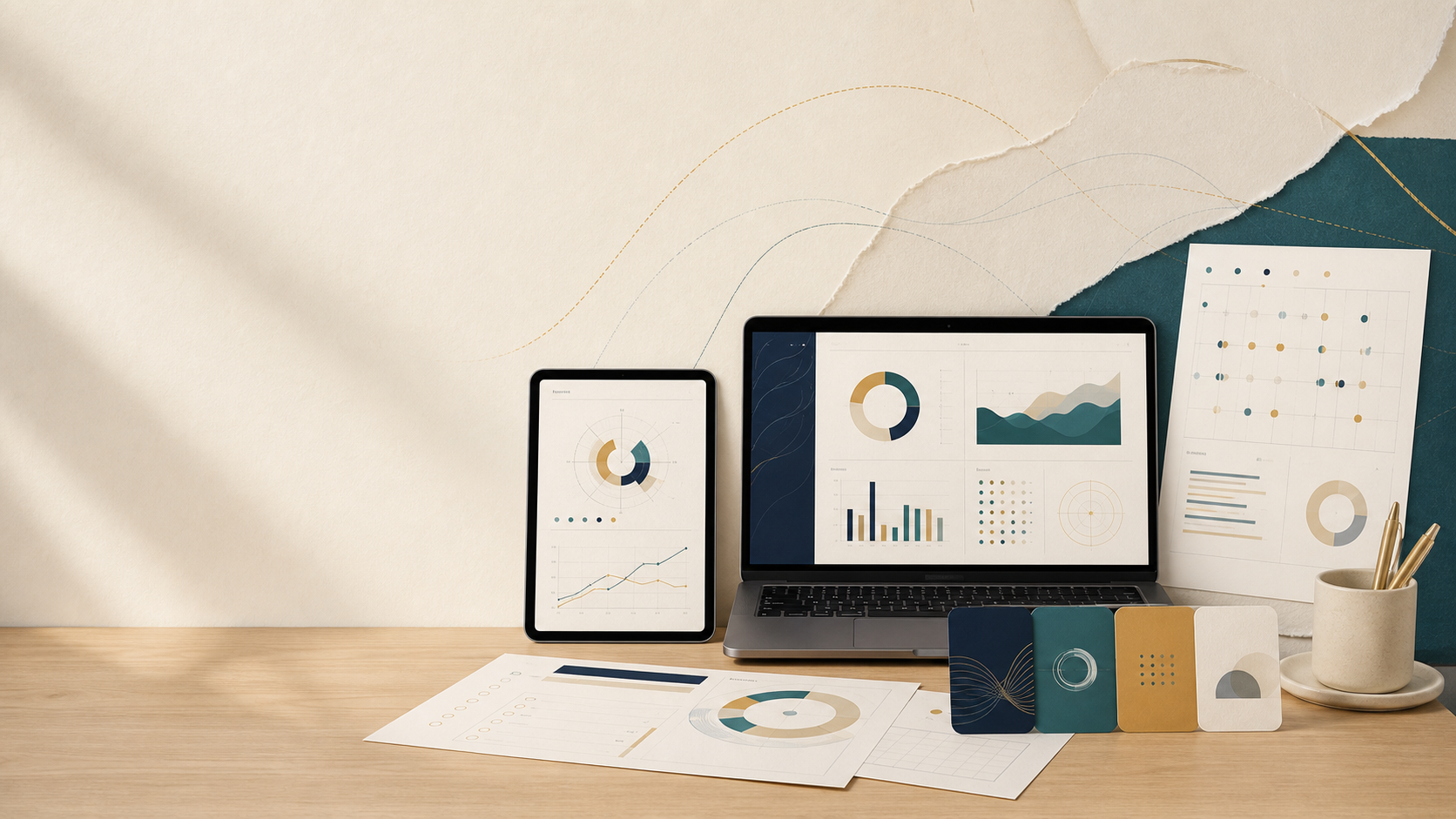 A coordinated collection of digital planning tools shown across a laptop, tablet, and printed worksheets